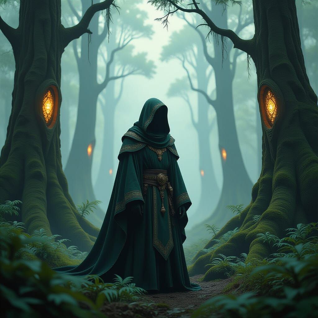 Mysterious Figure in Glowing Forest, Cinematic Art