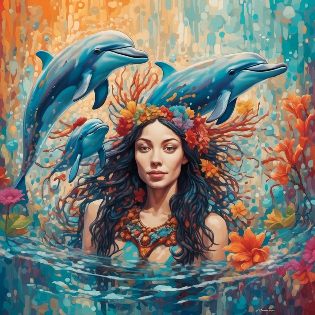 Cute Dolphin Spirit and Humanoid Woman in Harmony