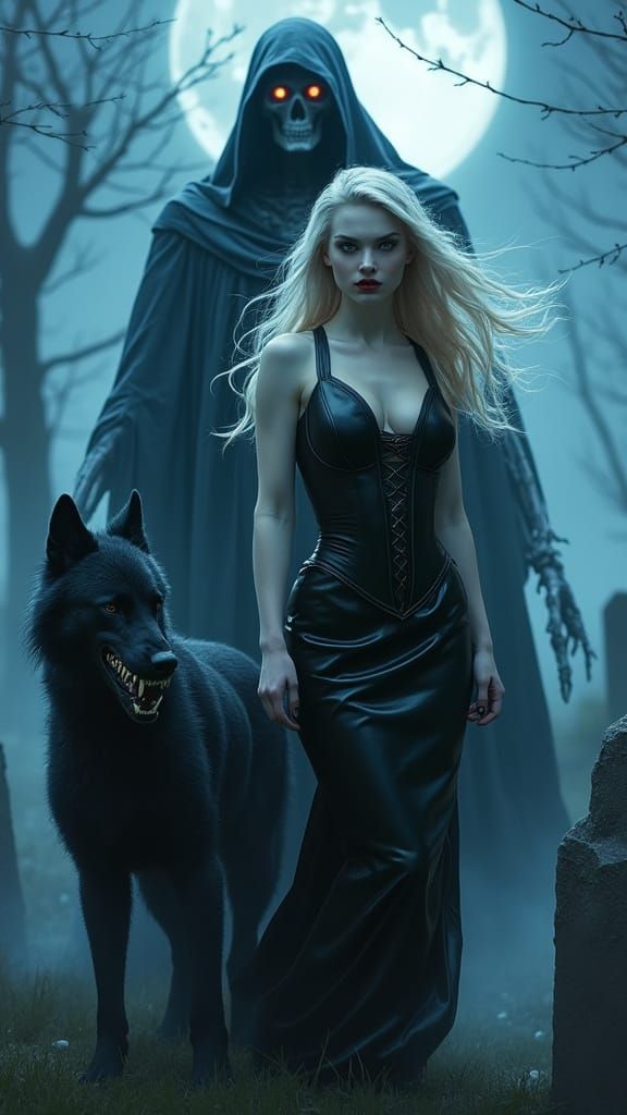 Gothic Vampire Queen with Wolf and Grim Reaper
