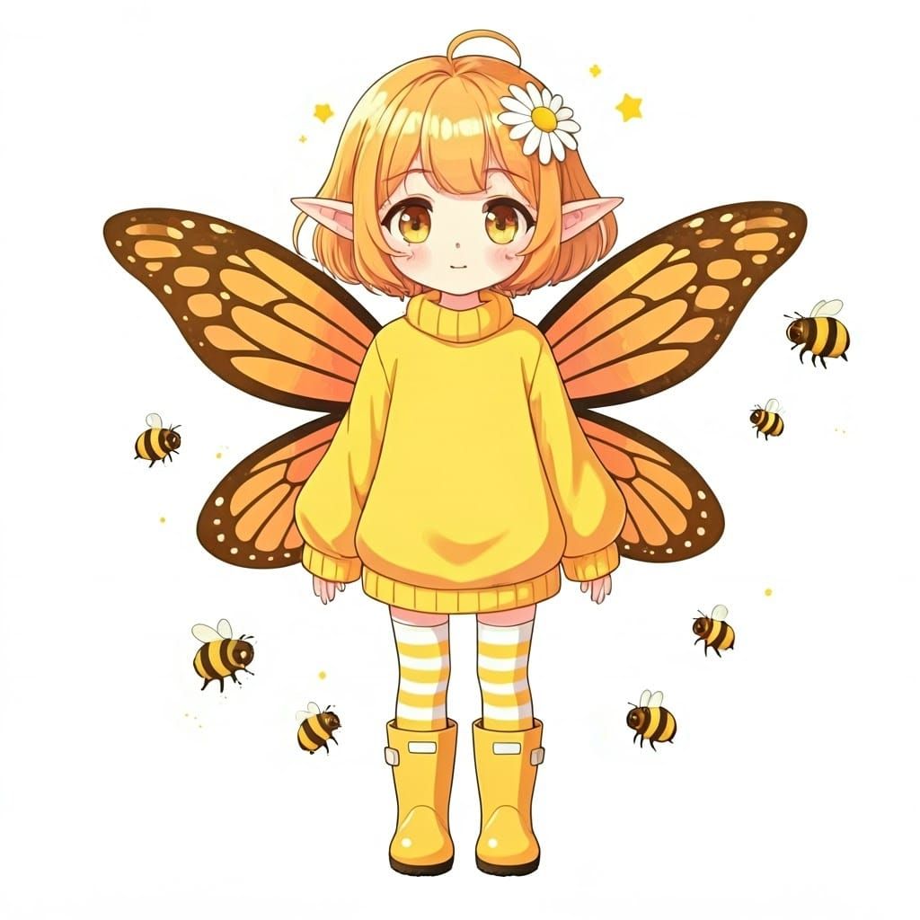 Whimsical Fairy with Vibrant Orangy-Yellow Hair and Delicate...