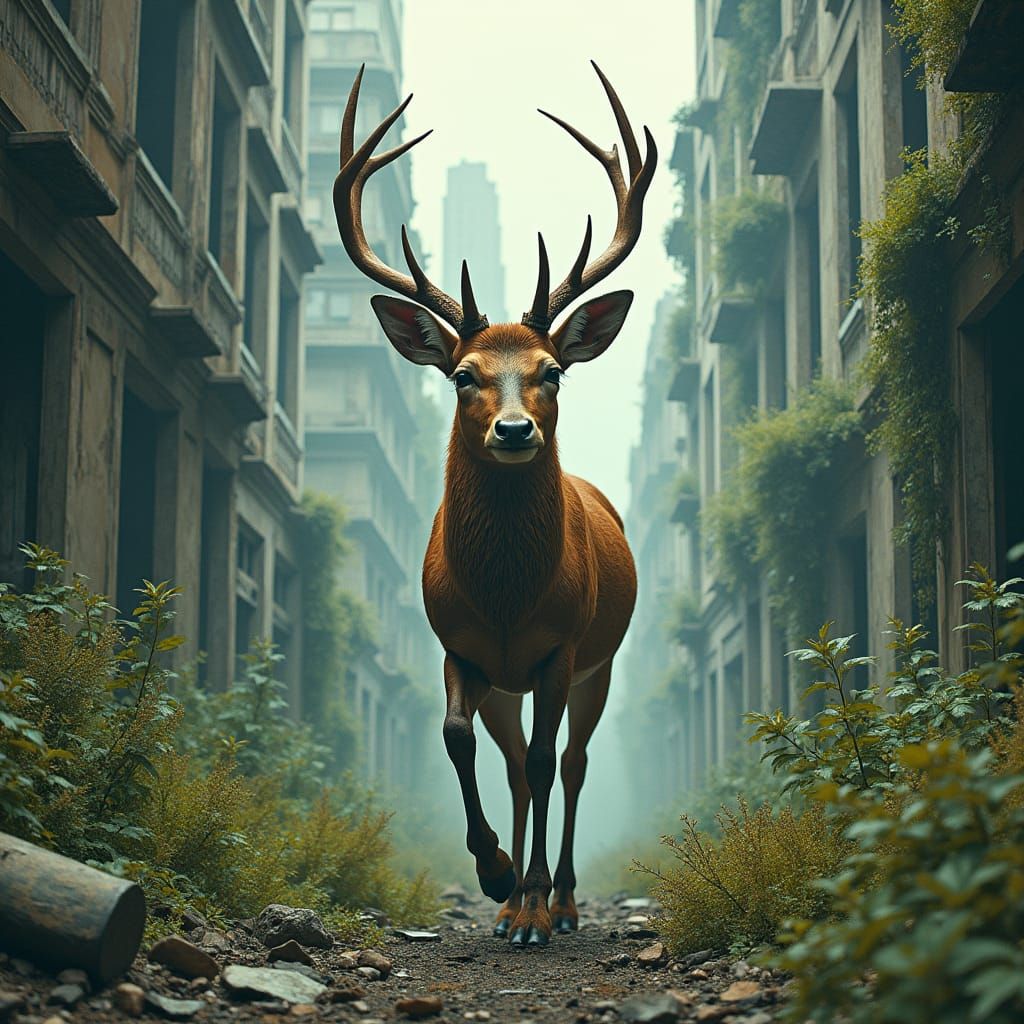 Deer Steps into Abandoned City: Hyperrealist Masterpiece