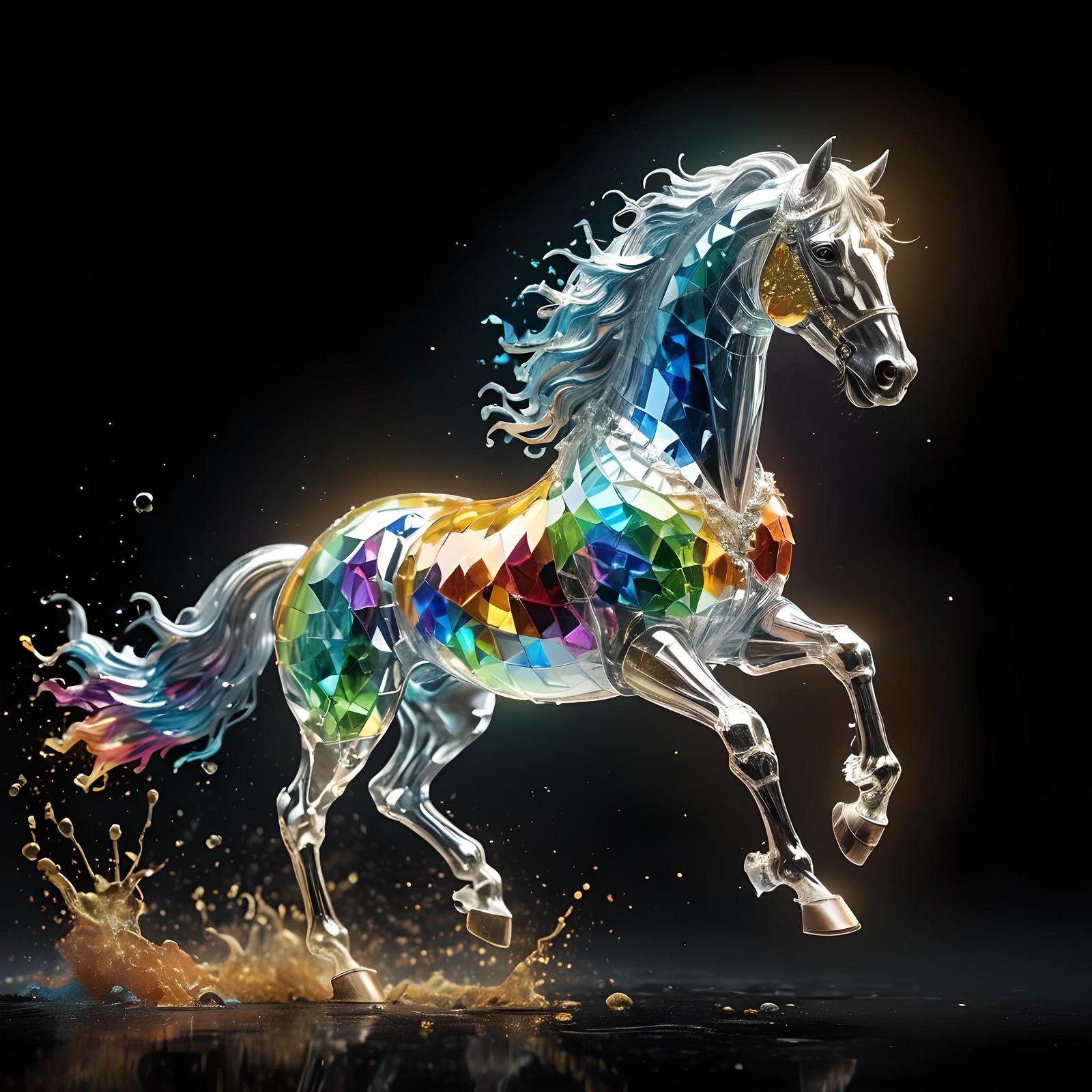 Galloping horse made of crystal glass and enamelled with many beautiful contrasting colours.