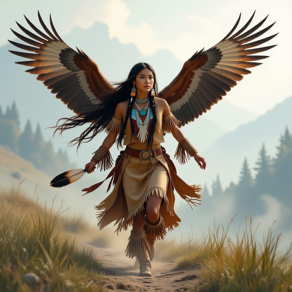 Native American Girl with Eagle Wings Soaring in Misty Lands...