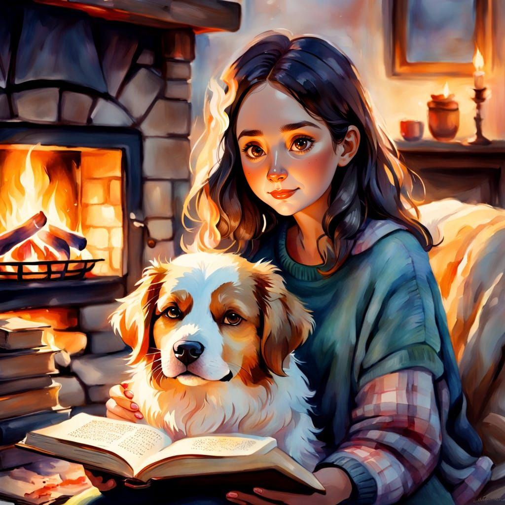 Woman and Dog Reading by Fire in Watercolor