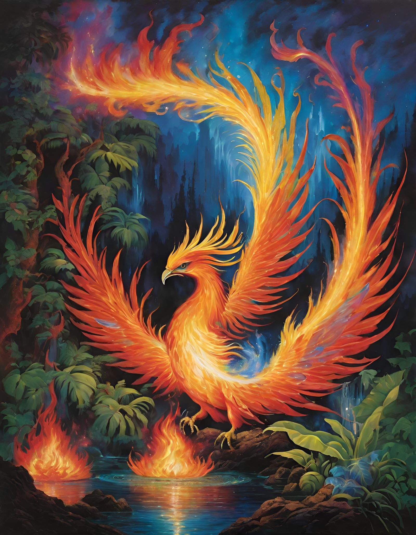 Phoenix Erupting from Jungle in Helix of Flame