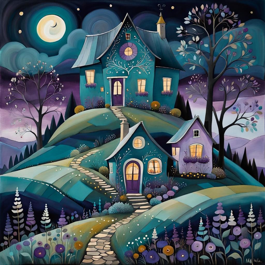 Whimsical Night Cottage on Hilltop in Fairytale Style