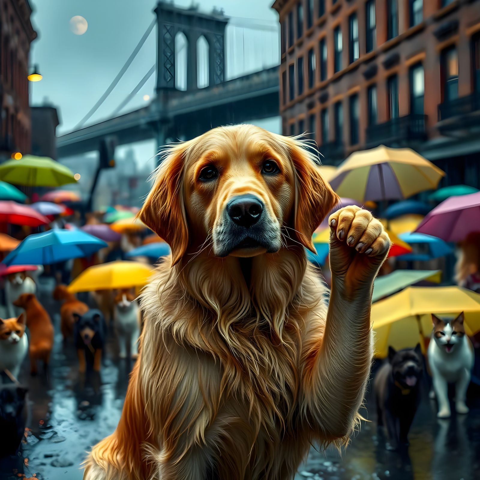 Golden Retriever in the Rain, Brooklyn Street Scene