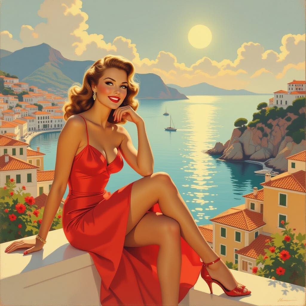 Vintage Pin-Up Girl in Golden Hour Garden