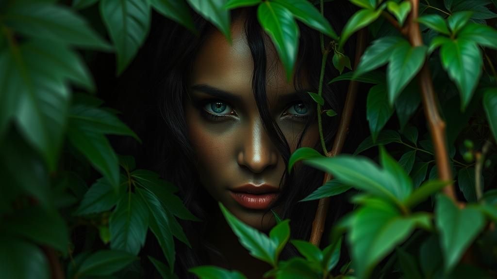 Dark Savage Woman in Jungle, Maximalist Art