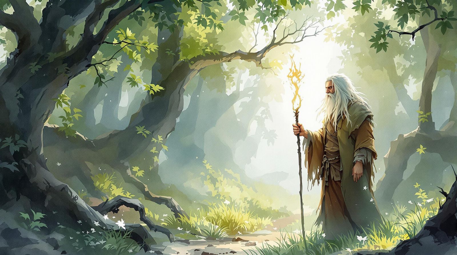 Mysterious Hermit in Hidden Glade, Watercolor Art