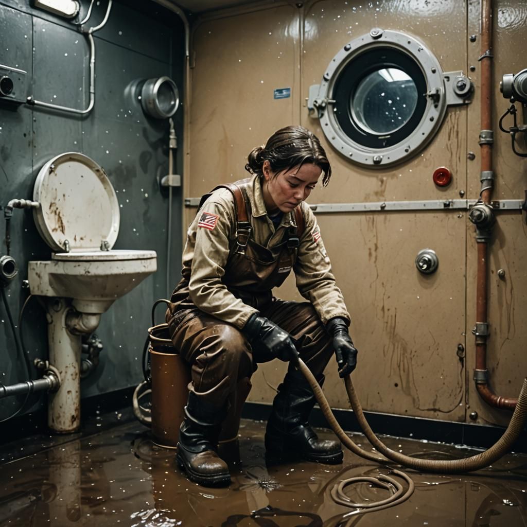 Exhausted Worker Cleaning Space Freighter Restroom