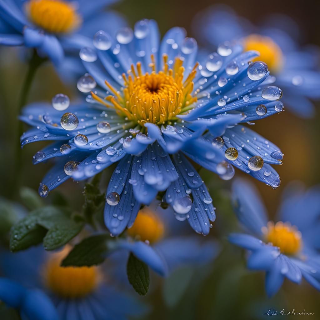 Blue Asters with Raindrops, Golden Hour Close-up