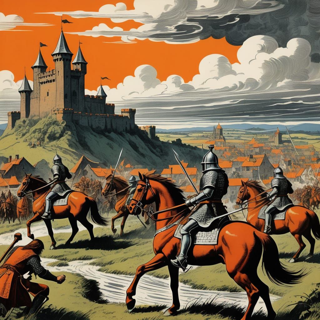 Vibrant Vintage Medieval Knights Charging into Battle