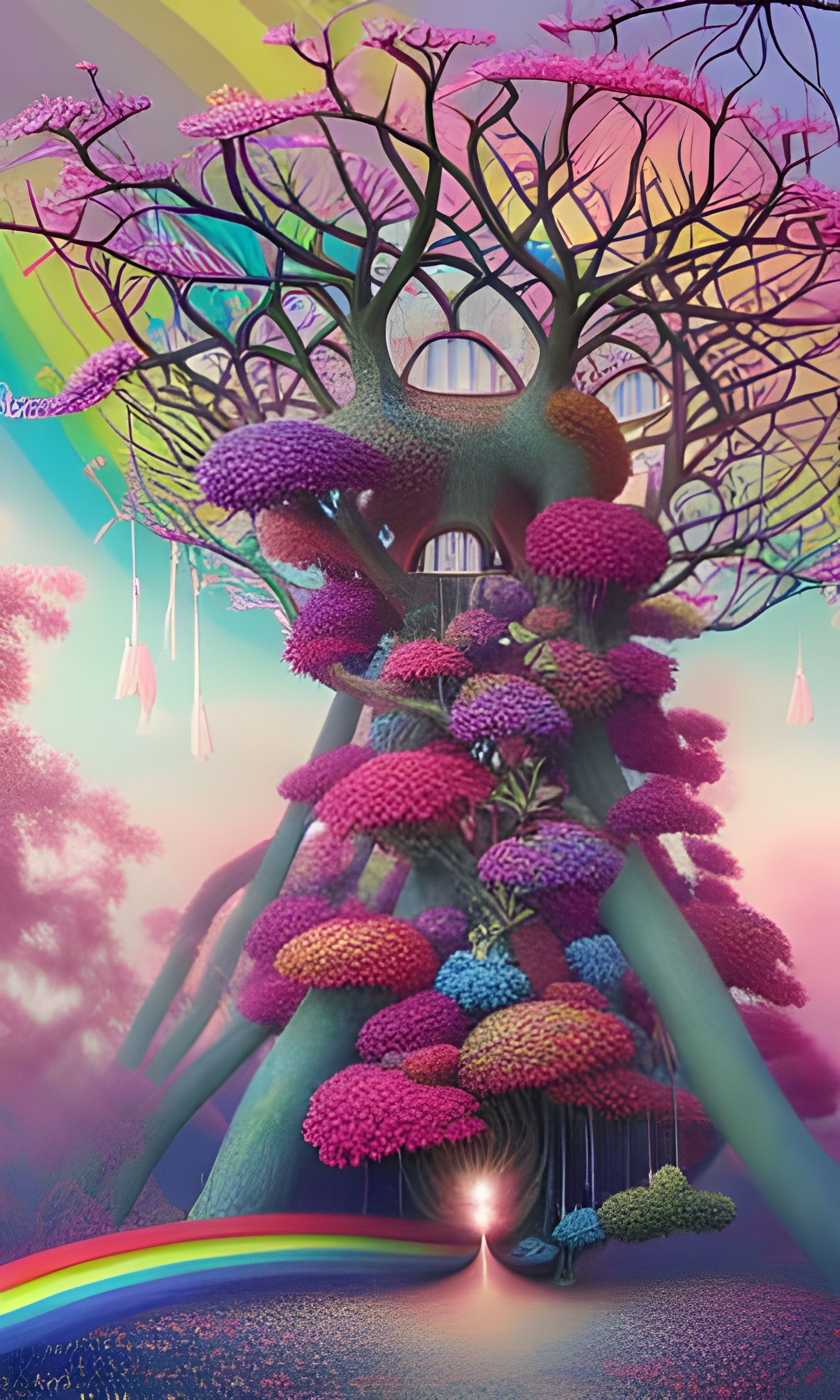 Rainbow Blossom Treehouse with Wildflowers: Fractal Art