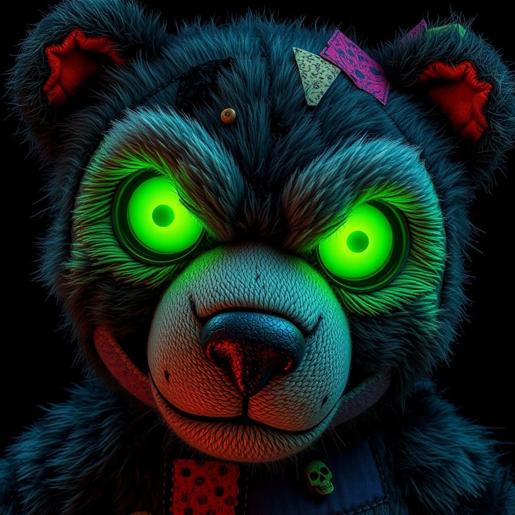 Horror Teddy Bear with Glowing Green Eyes