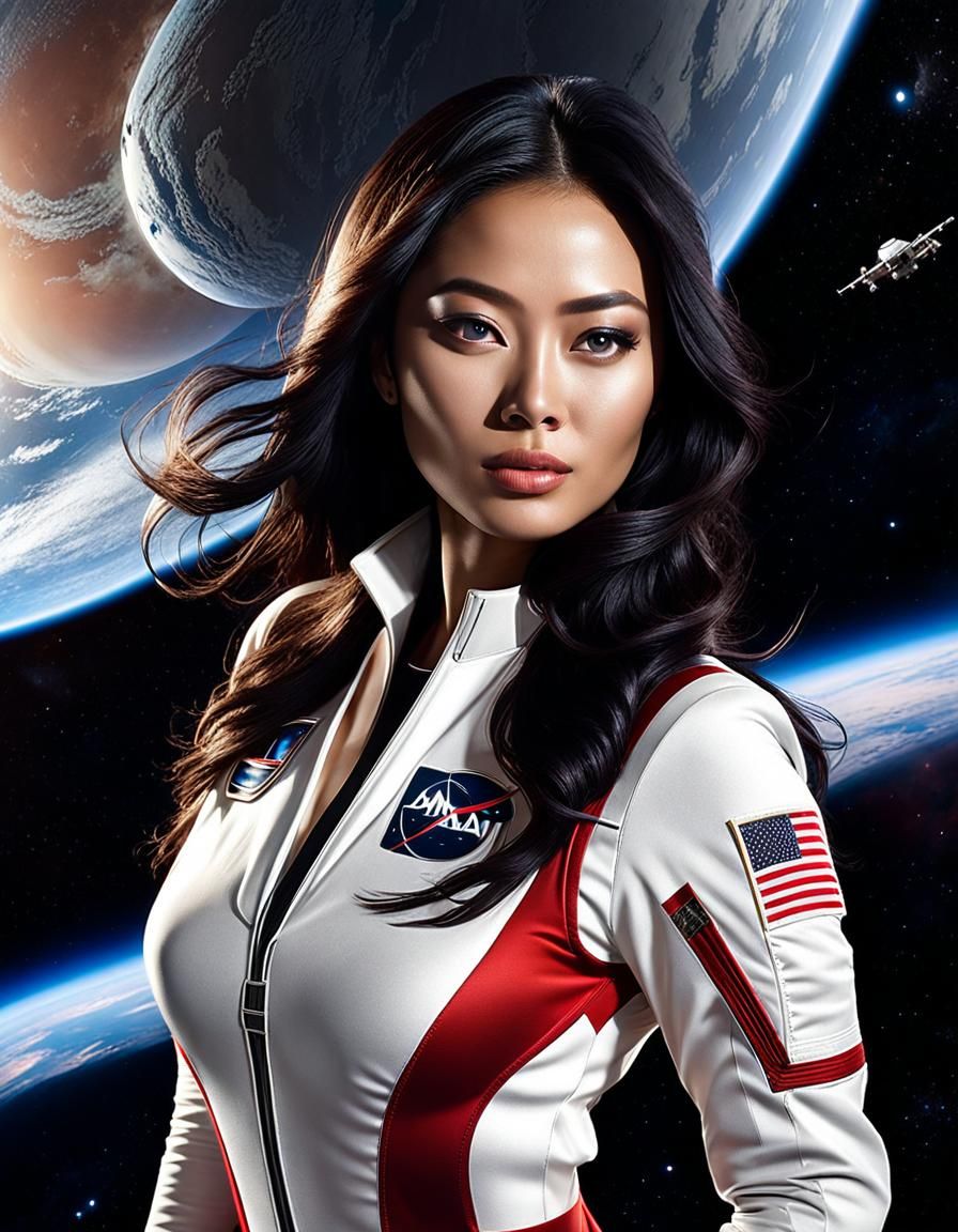 Indonesian Woman in Space: Hyperrealistic Photo