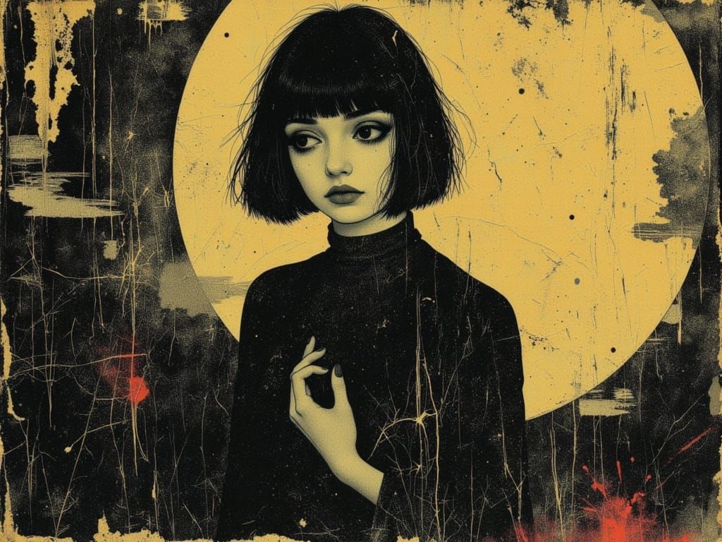 Ethereal Gothic Woman Portrait in Moonlit Ink Shadows