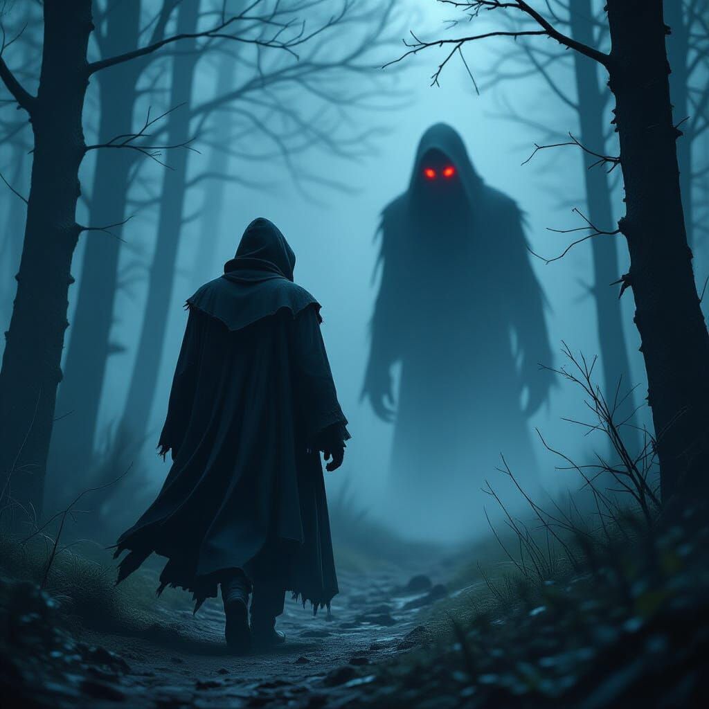 Eerie Red-Eyed Shadow in Misty Dark Fantasy Forest