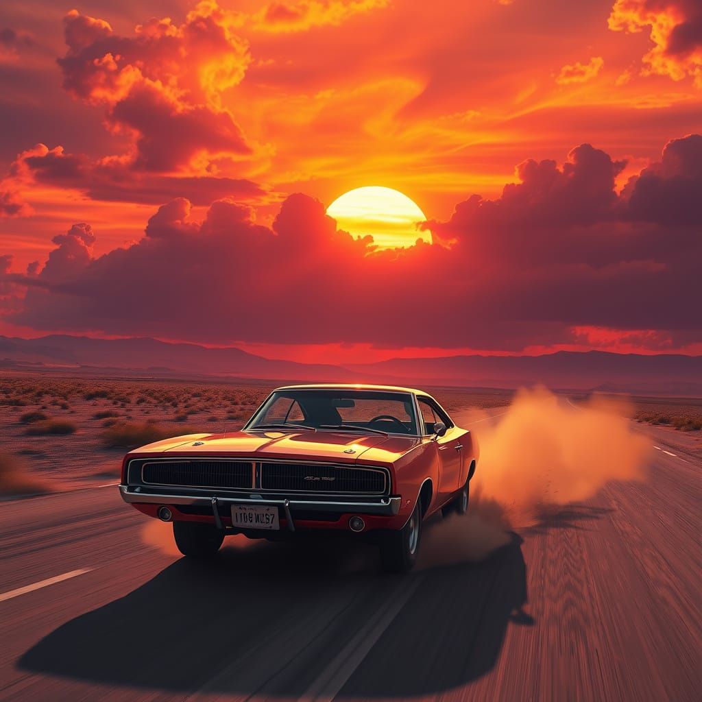 A muscle car racing down a desert highway as the sun sets in...