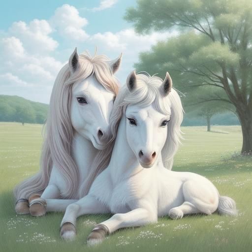 Manga-Style Shetland Pony and Foal in Meadow