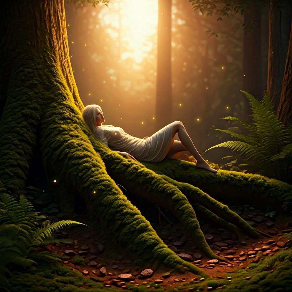Serene Woman in Mystical Forest at Sunset