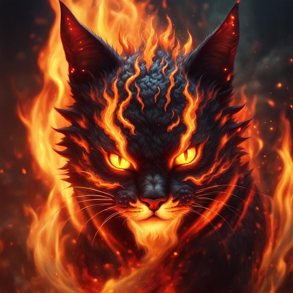 Intimidating Fire Demon Cat Avatar in Dark Fantasy