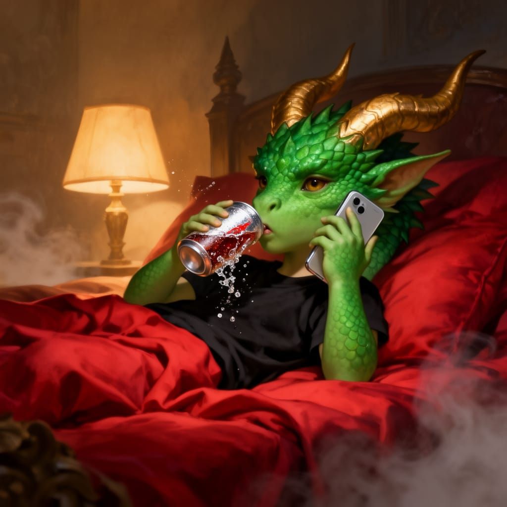 Dragon-Boy Relaxing on Plush Bed with Soda and Phone