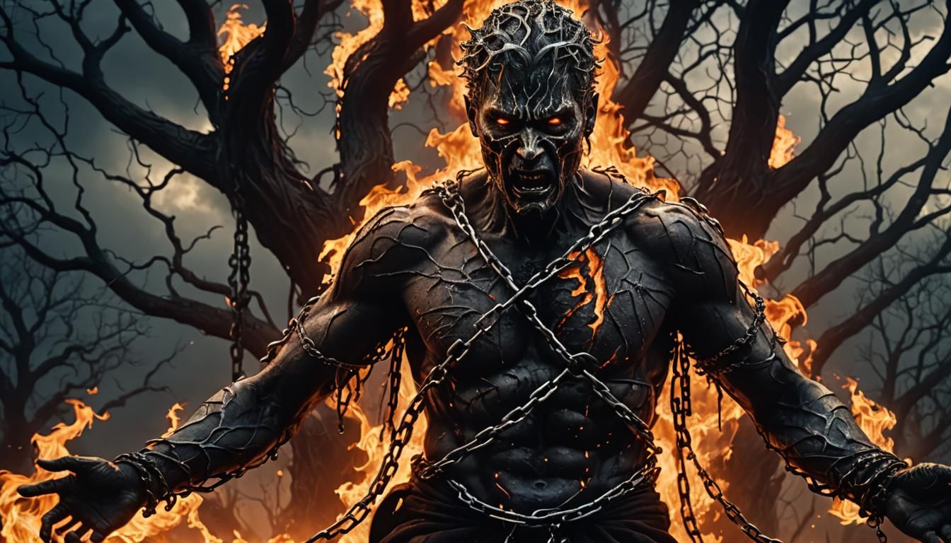 Tormented Man in Hellish Flames: Cinematic Matte Painting