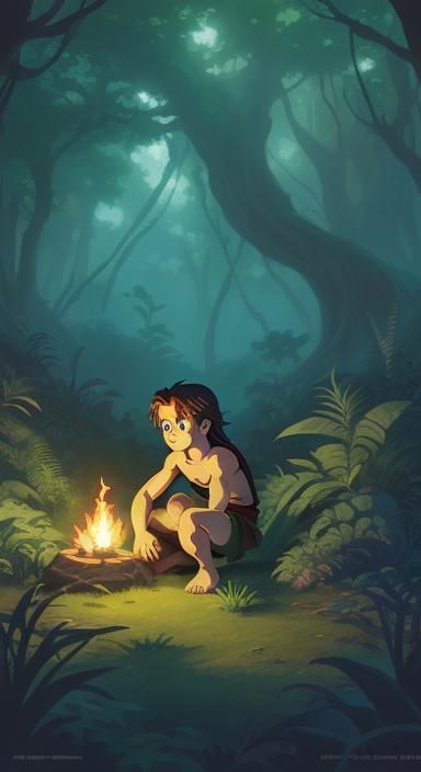 Little Tarzan in Forest, Anime Cel-Shaded Art