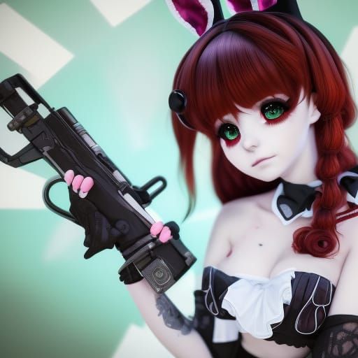 Goth Anime Girl with Machine Gun, 3D Render