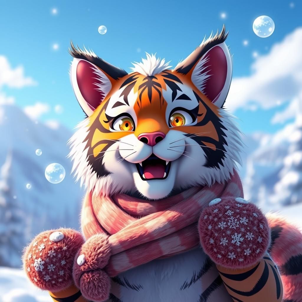 Adorable Anime Tiger Cub in Winter Wonderland