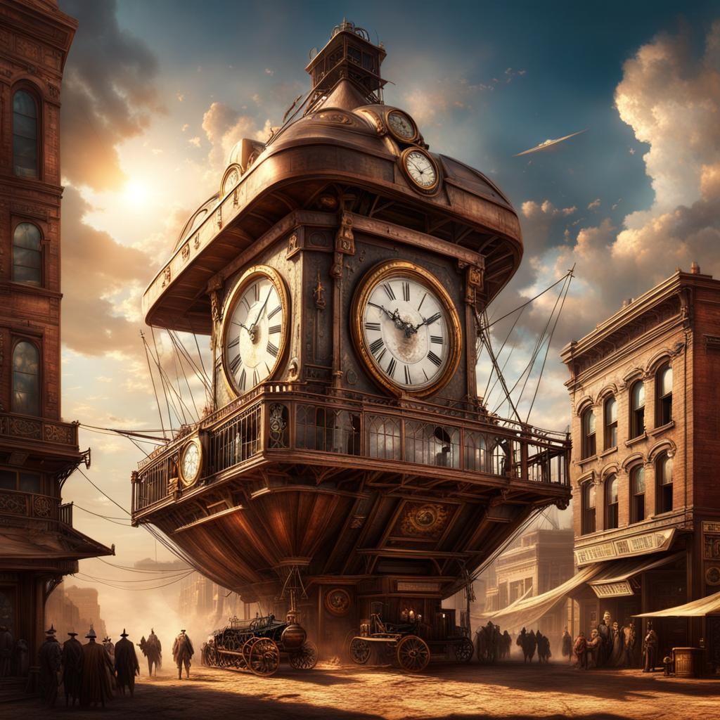 Steampunk Old West Town with Airship and Pyramid