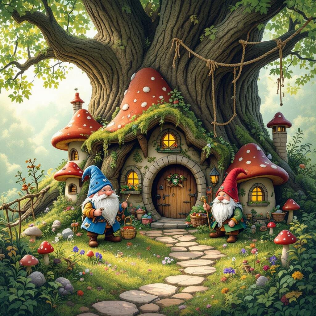 Gnome Village in Oak Roots, Storybook Illustration