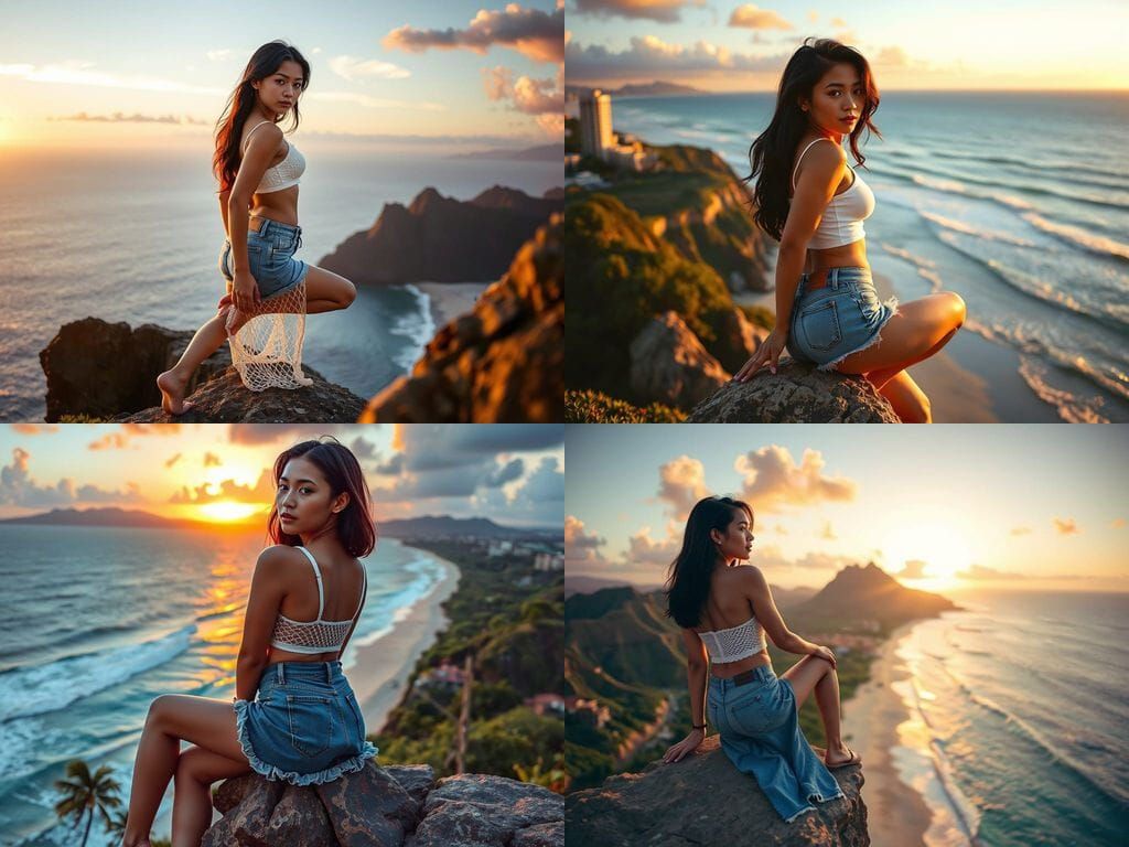 Woman Overlooking Hawaiian Beach at Sunset