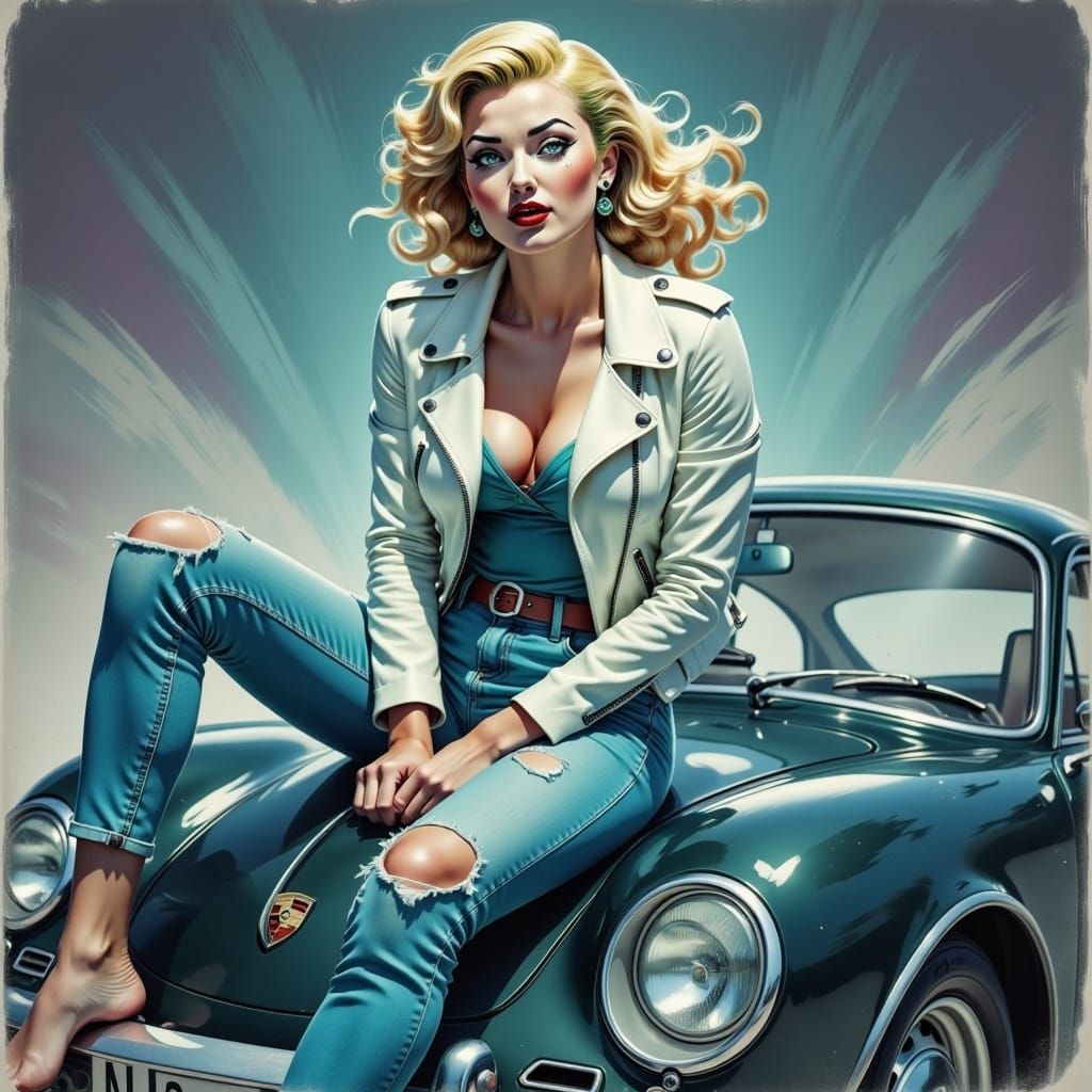 Blonde Woman on Porsche: High-Fantasy Concept Art