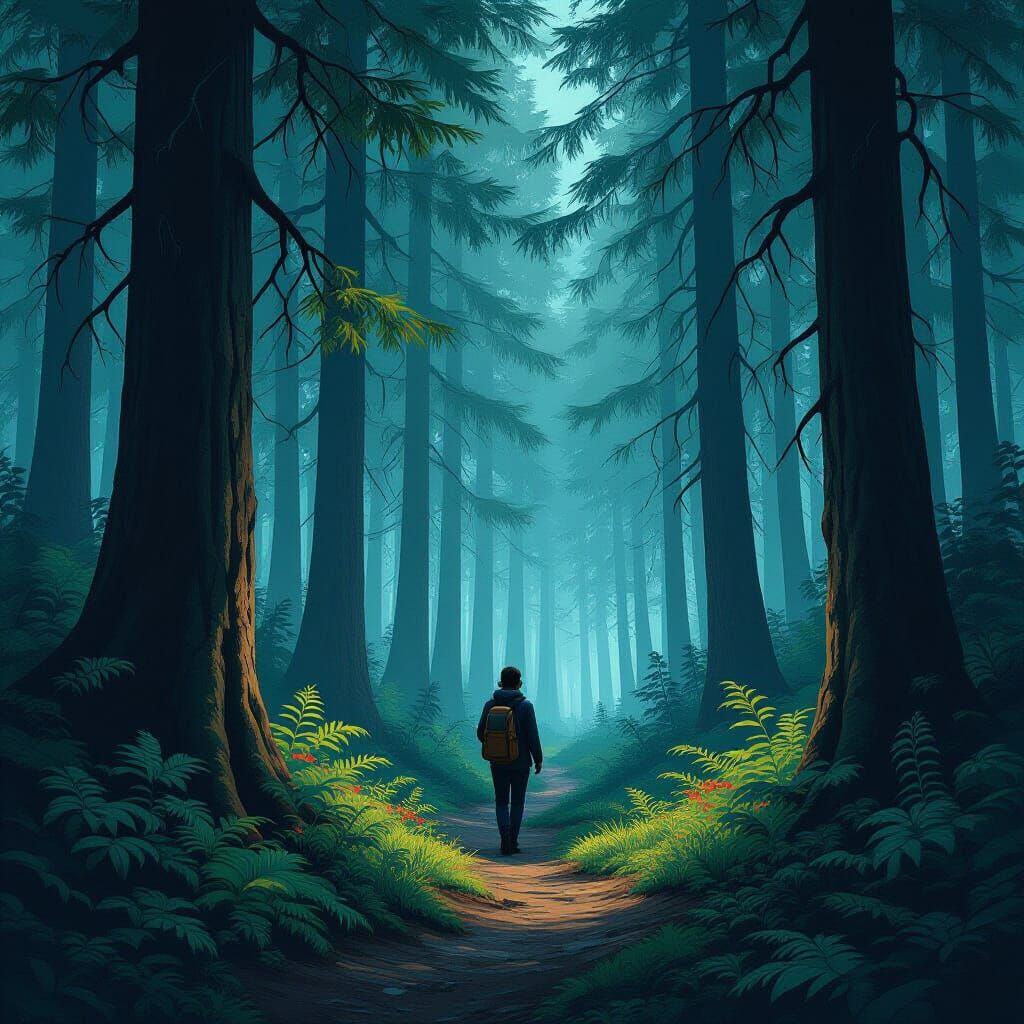 Person Navigates Dense Forest in Futuristic Style