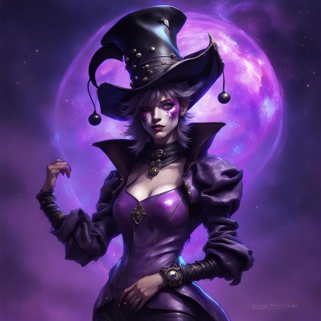 Jester in Leather Suit with Galaxy Background
