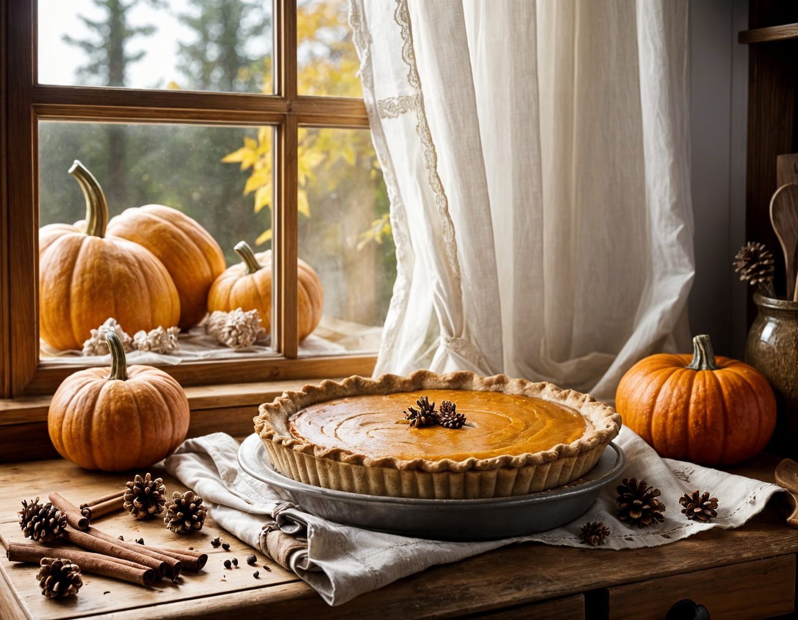 Cozy Kitchen Still Life with Pumpkin Pie