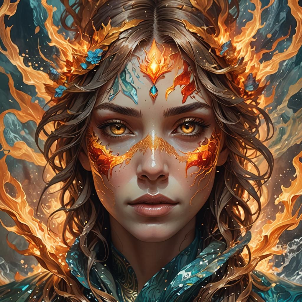 Elemental Fusion Portrait in Art Nouveau Style