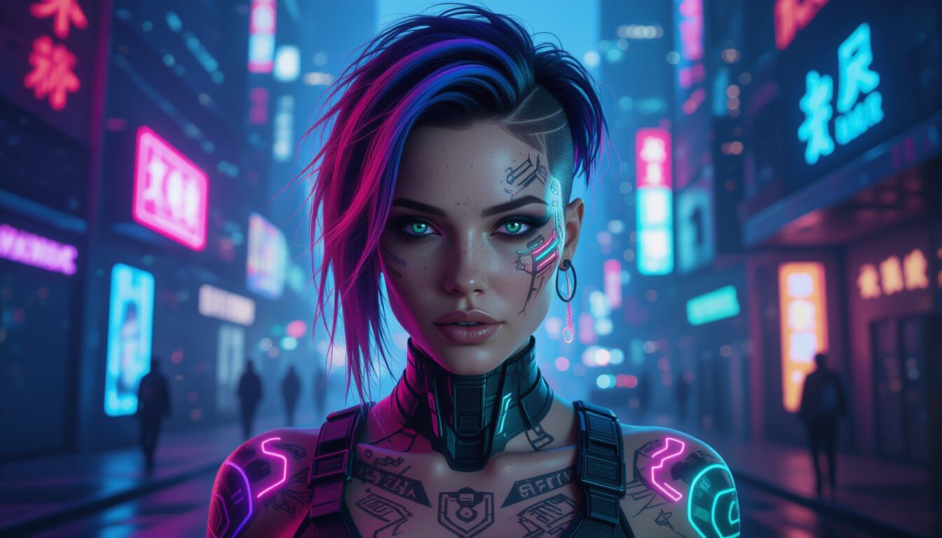 Cyberpunk Woman Portrait with Neon Tattoos and Futuristic Ha...