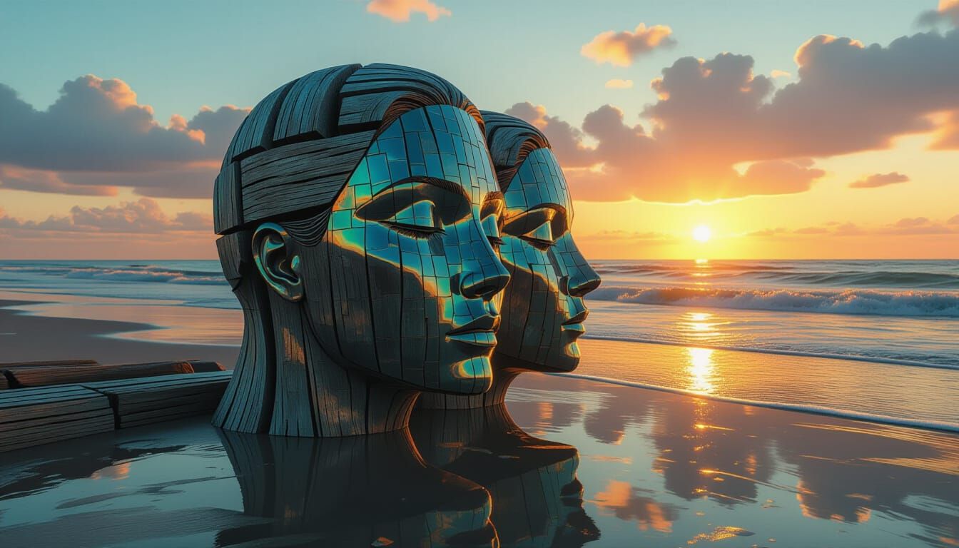Coastal Sculpture with Iridescent Sunset Reflections