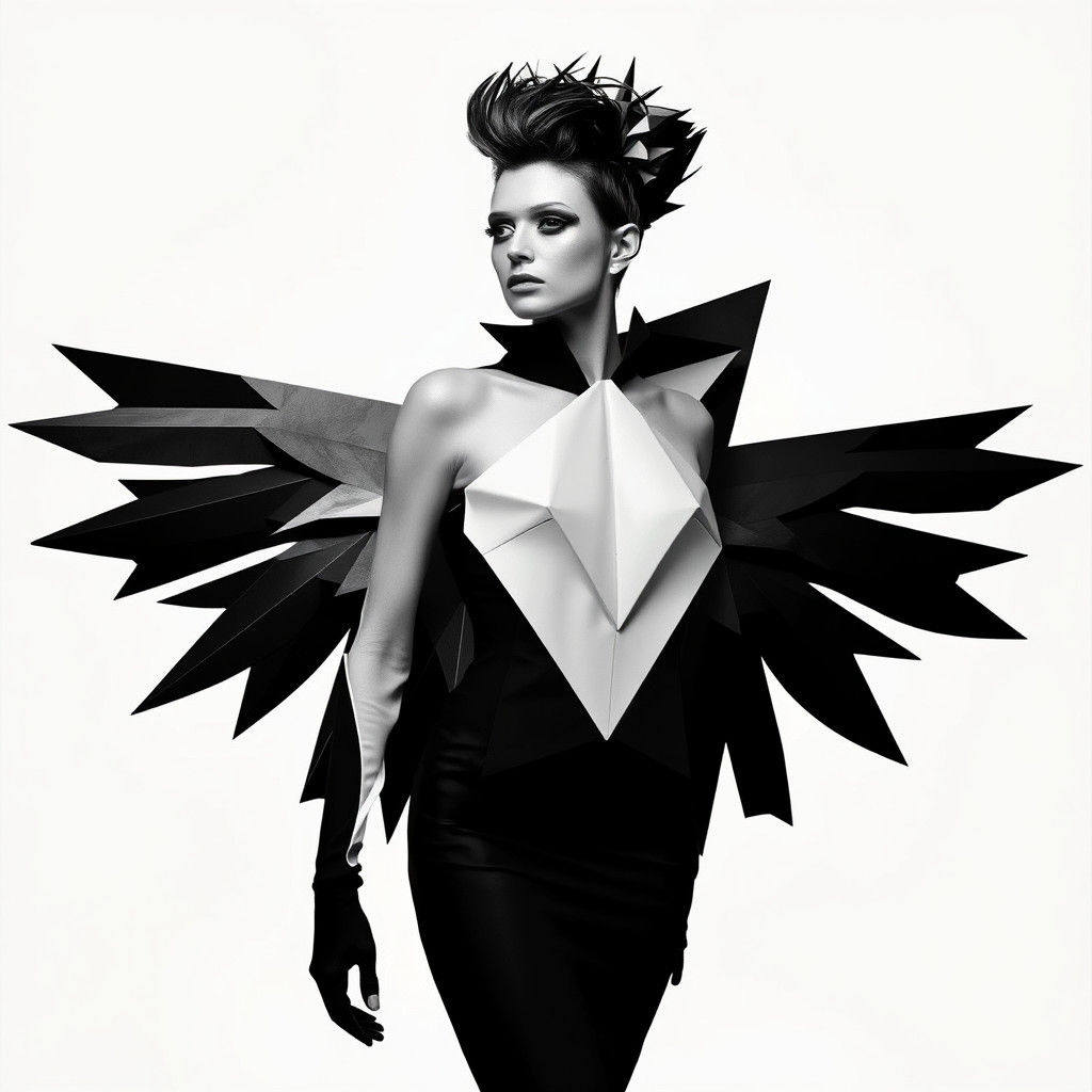 Geometric Winged Model in Avant-Garde Fashion Photo