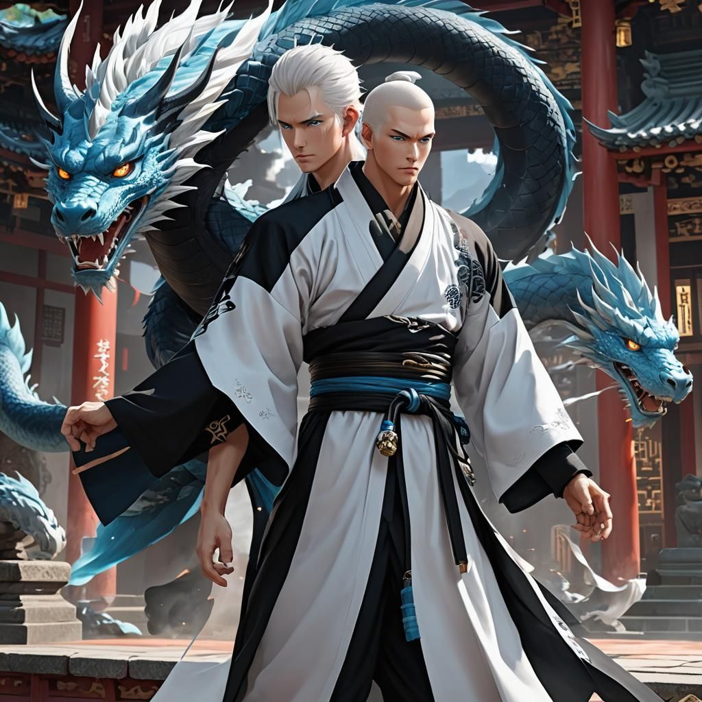 Monk Fighter with Dragon in Anime Style