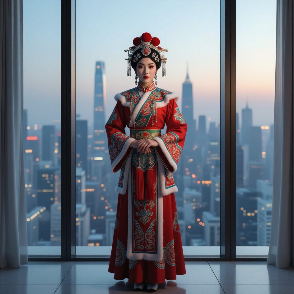 Chinese Opera Singer in Modern Apartment: Cinematic Portrait
