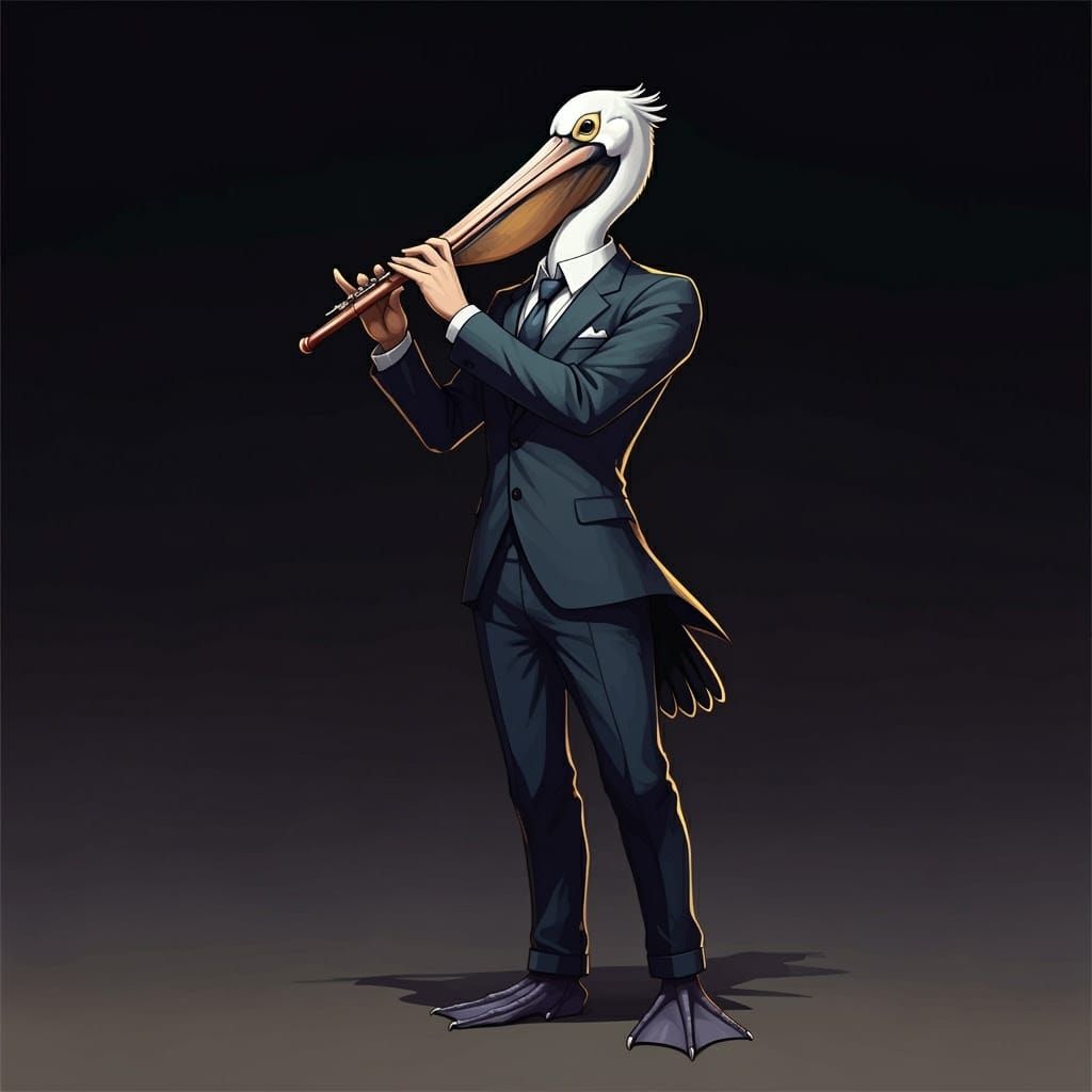 Refined Pelican Plays Piccolo in Elegant Tuxedo