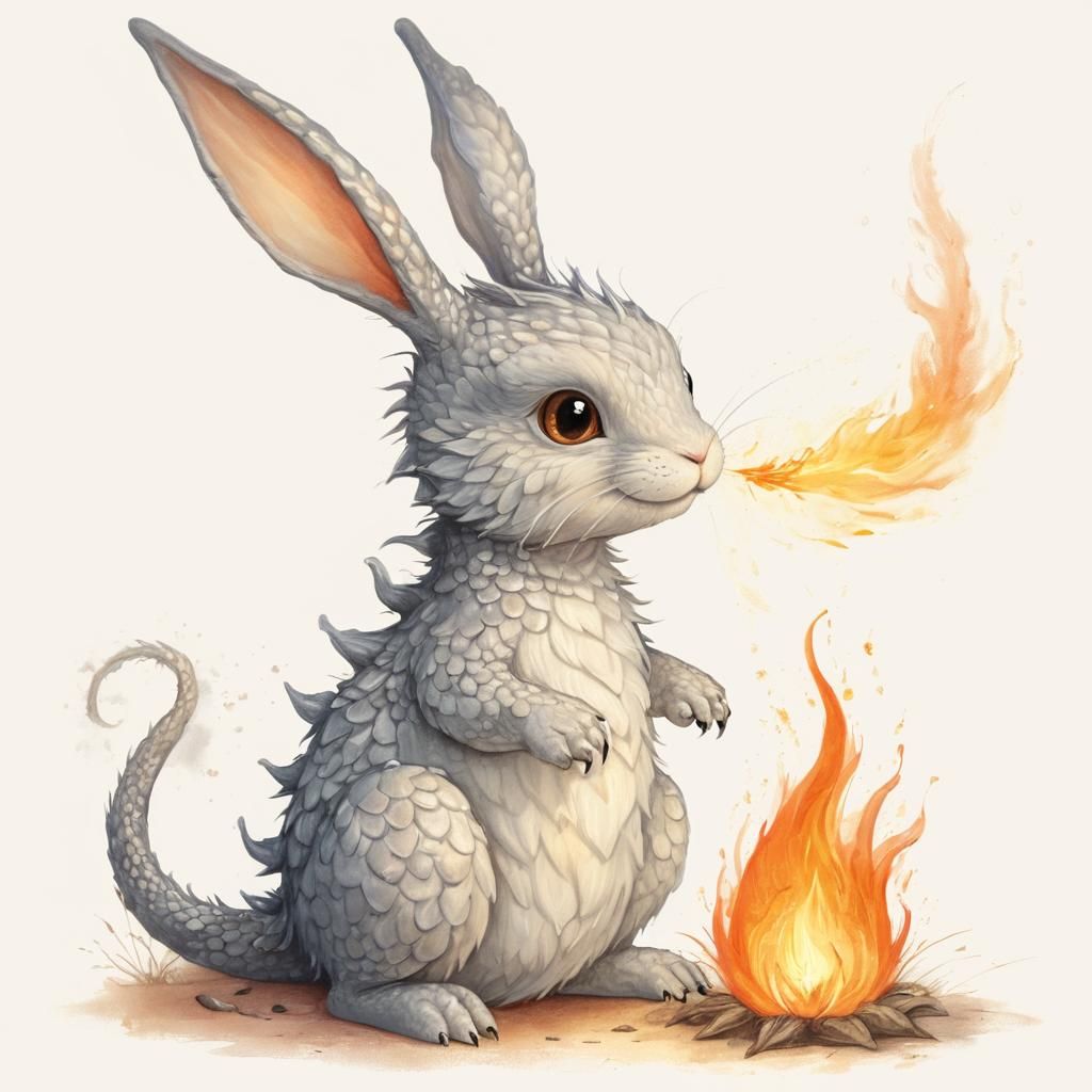 Adorable Dragon-Bunny Breathes Fire: Pastel Illustration