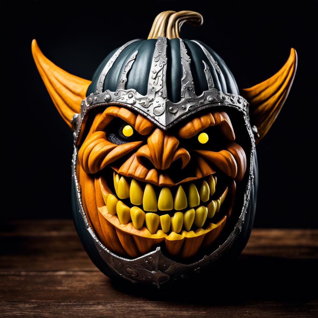 Grinning Orc Pumpkin with Knight Helmet: Photorealistic Imag...