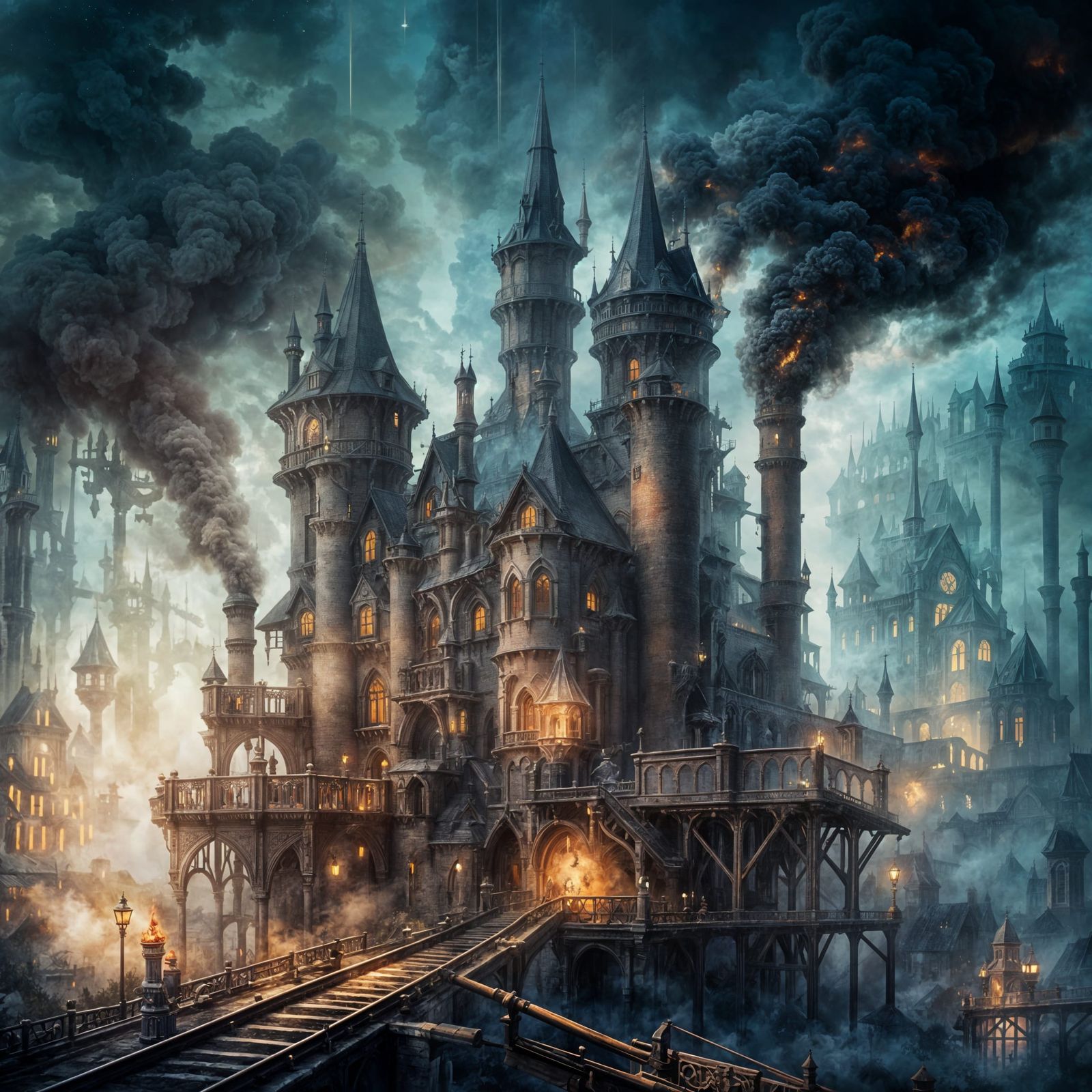 Eerie Medieval Castle with Steam Train, Digital Art