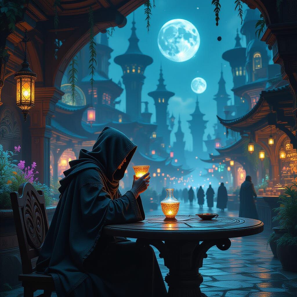 Lone Wanderer in Alien Bazaar with Glowing Chalice