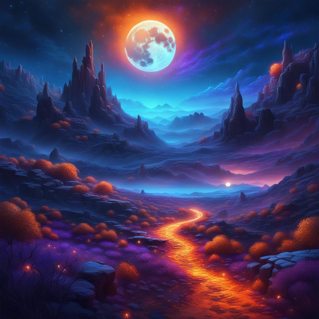 Glowing Moon Illuminates Mystical Landscape: Matte Painting